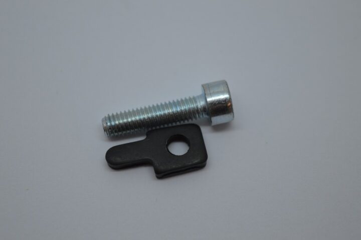 Silver bolt with threaded shaft and a black irregular mounting lug featuring a central hole on a plain background.